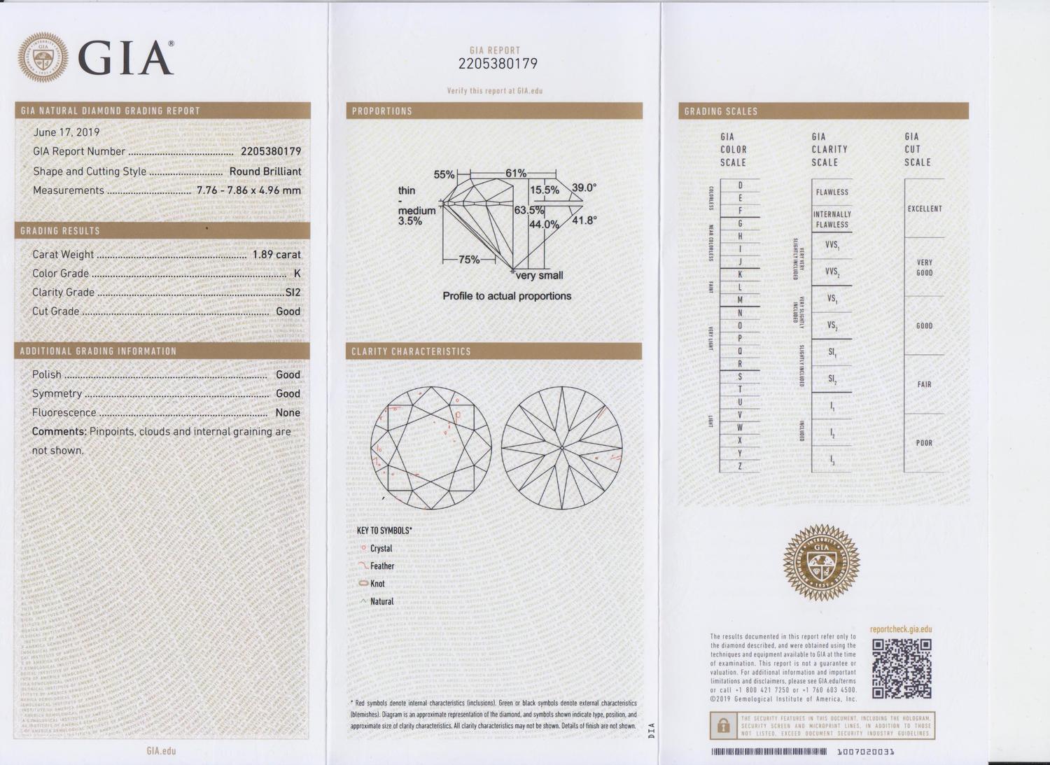 A 1.89 Carat Round Brilliant Cut Diamond,