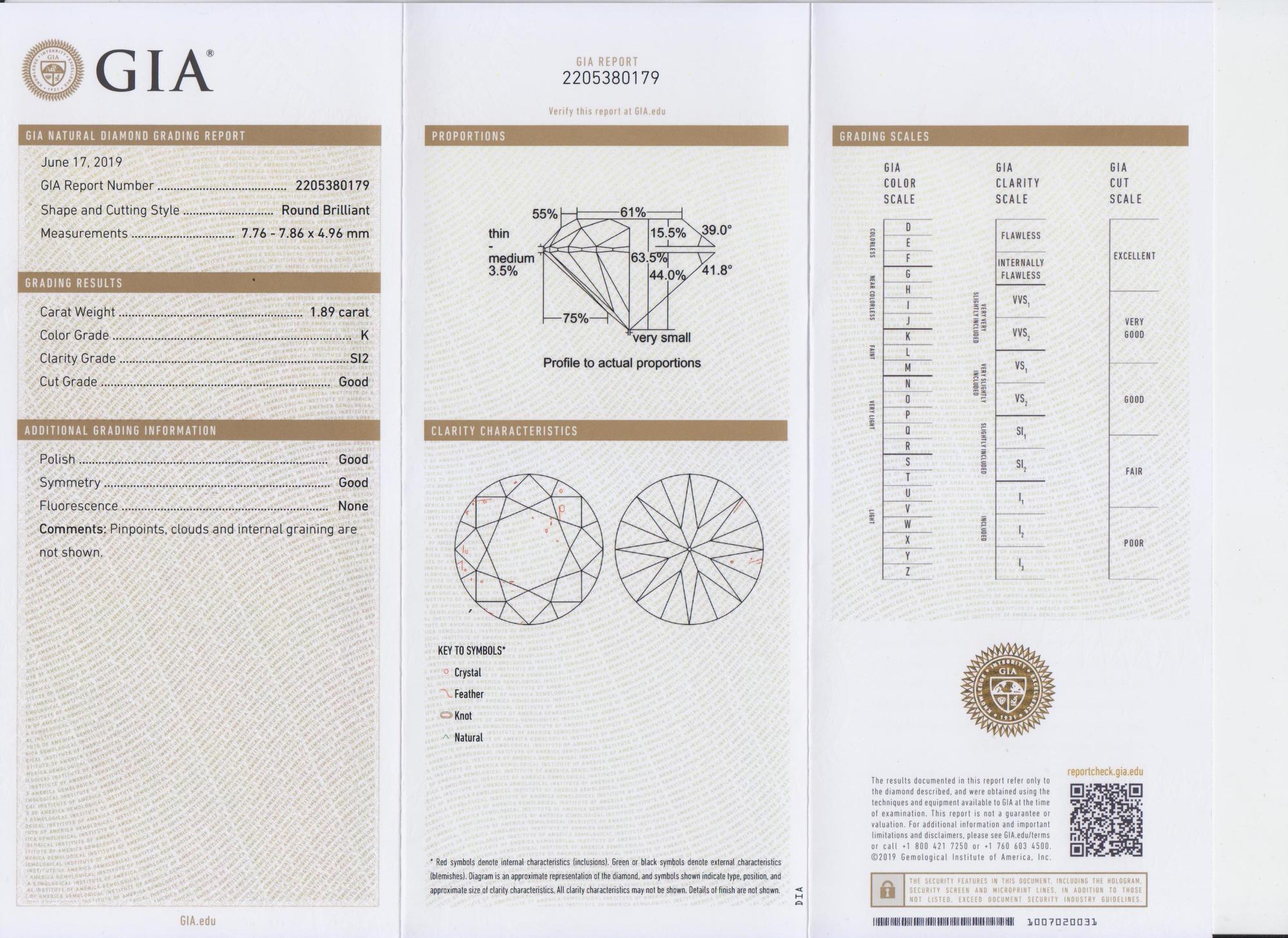 A 1.89 Carat Round Brilliant Cut Diamond,