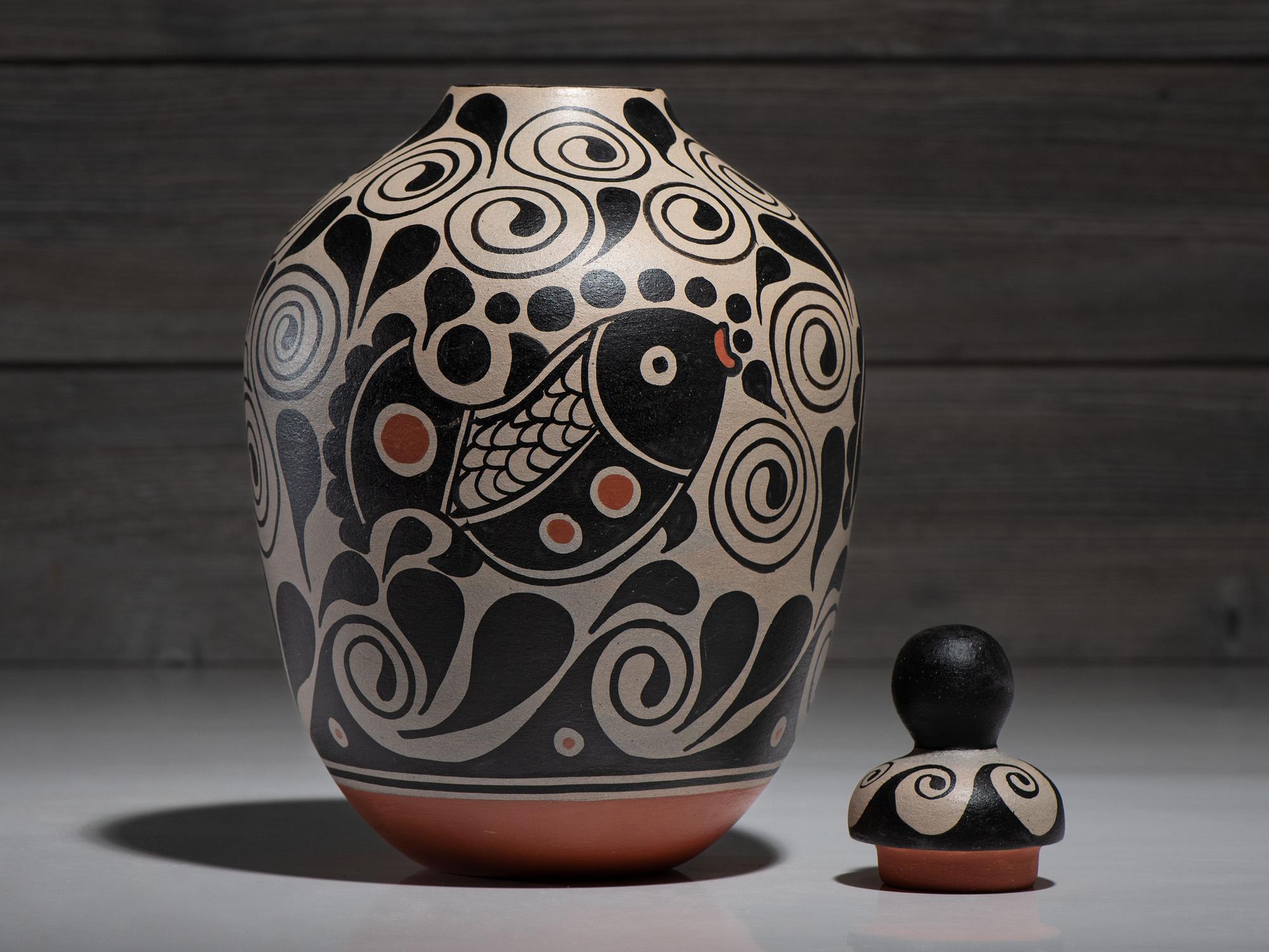 Lidded Pottery Jar, with Fish