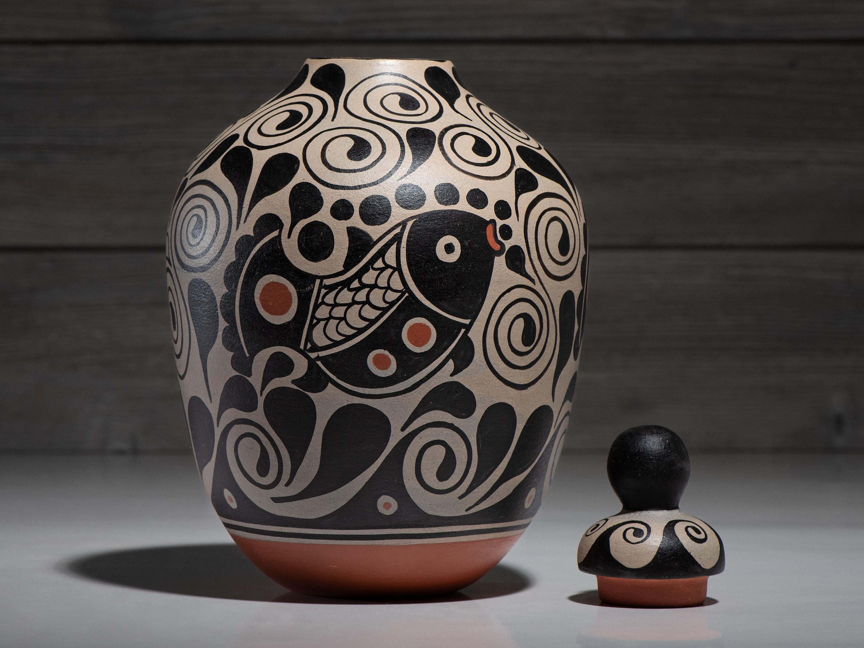 Lidded Pottery Jar, with Fish