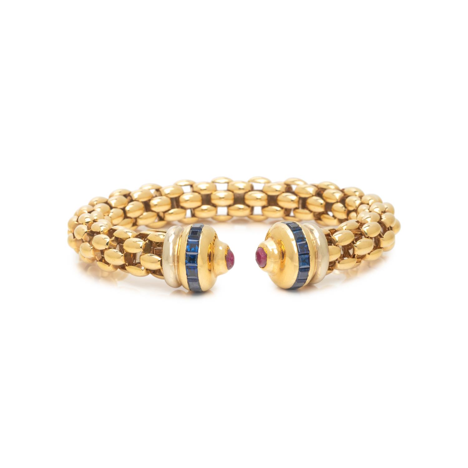 YELLOW GOLD, SAPPHIRE AND RUBY CUFF BRACELET