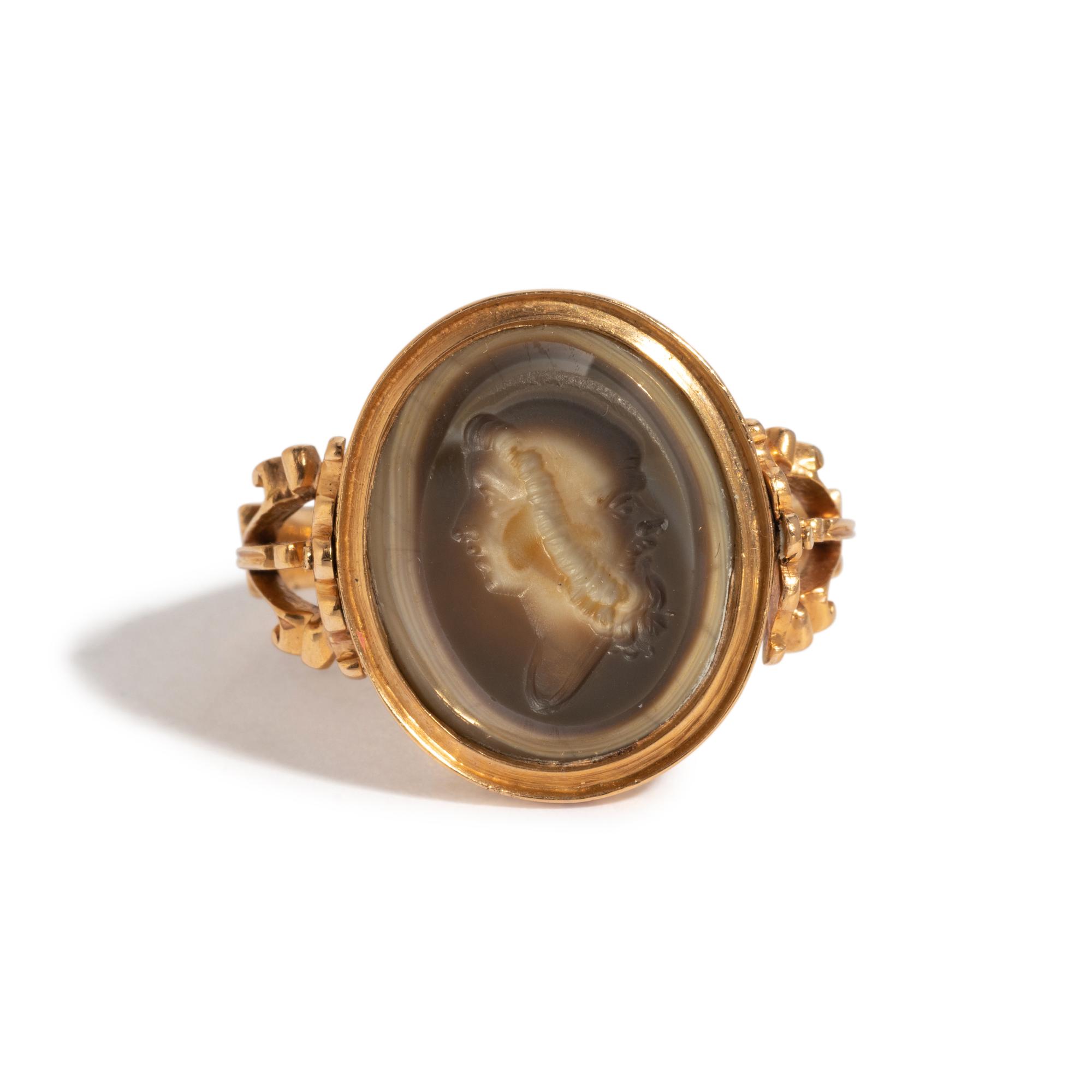 A Neoclassical Gold and Banded Agate Swivel Ring with a Double Portrait and an Erotic Scene