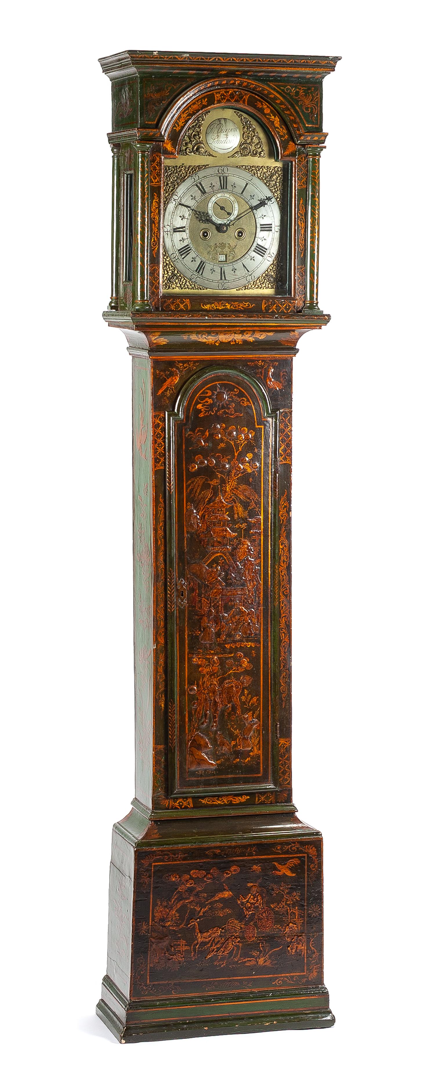 An English Lacquered Tall Case Clock Height 87 1/2 x width 20 x depth 10 inches. — JOHN BURPUTT, LONDON, 18TH CENTURY