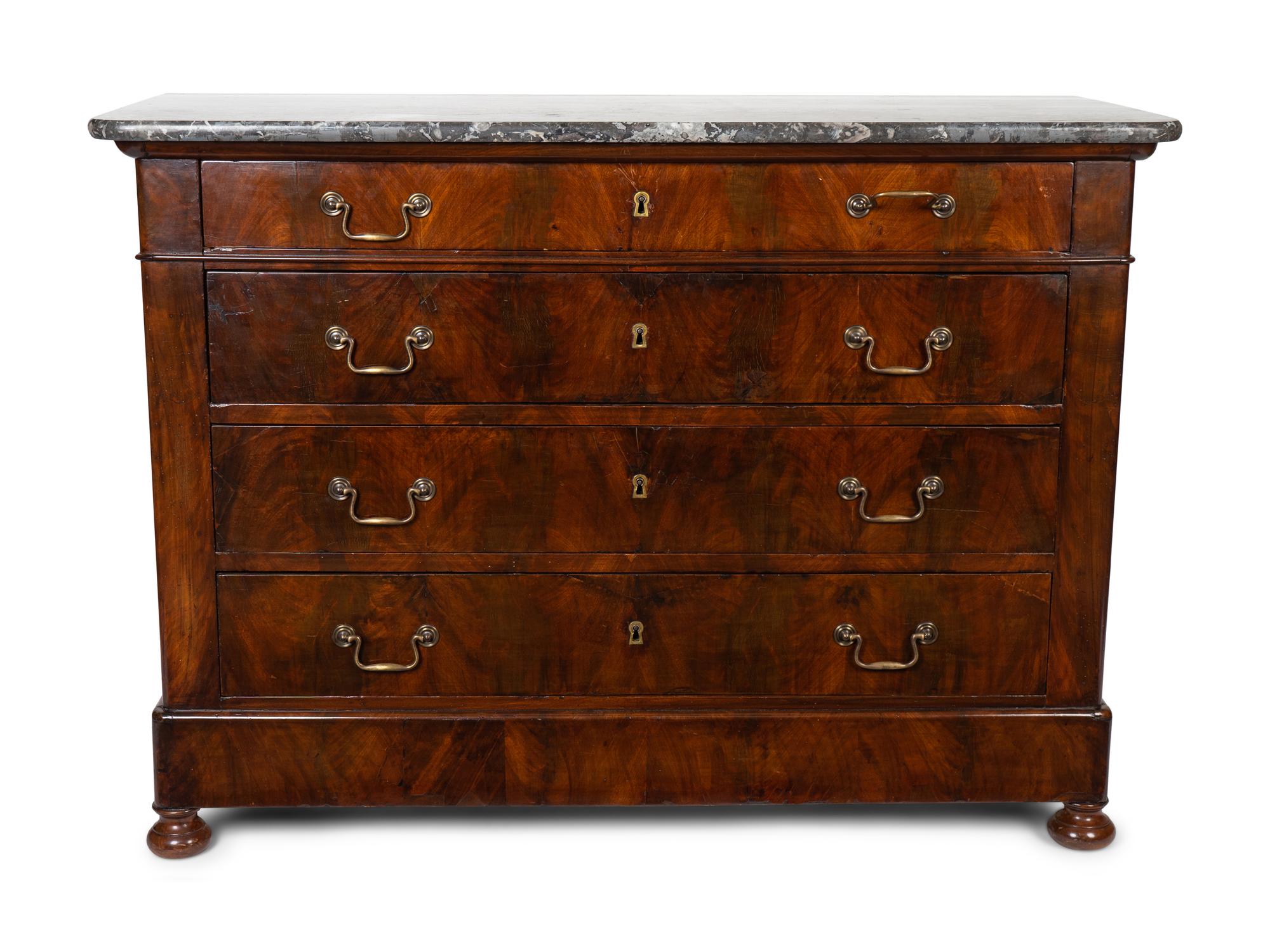 An Empire Style Figured Mahogany Marble Top Chest of Drawers — 19TH/20TH CENTURY