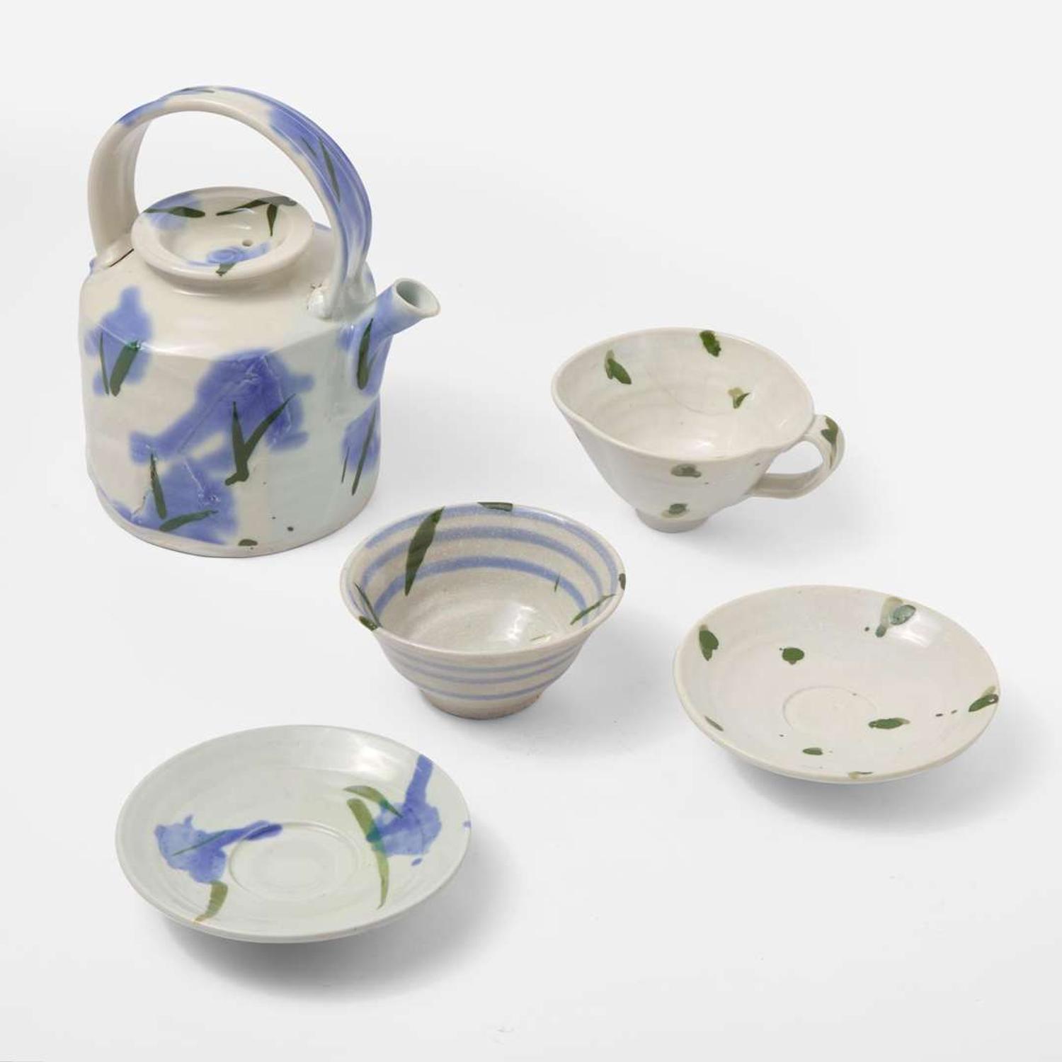 Betty Woodman (American, 1938-2018) Teapot and Two Cups and Saucers, USA, circa 1980