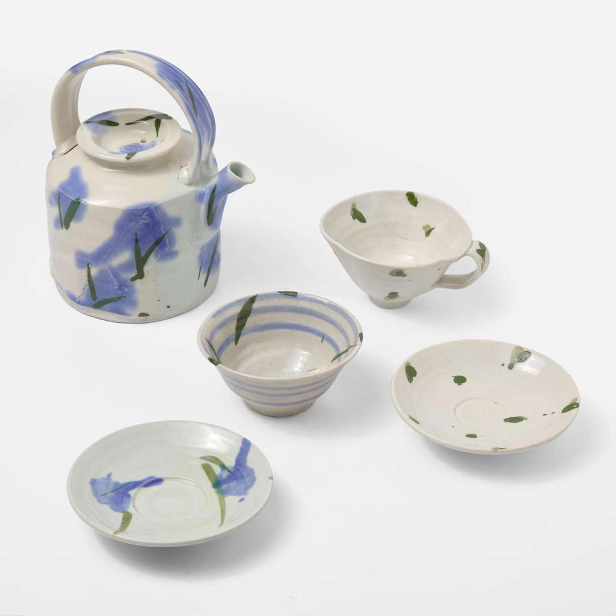 Betty Woodman (American, 1938-2018) Teapot and Two Cups and Saucers, USA, circa 1980
