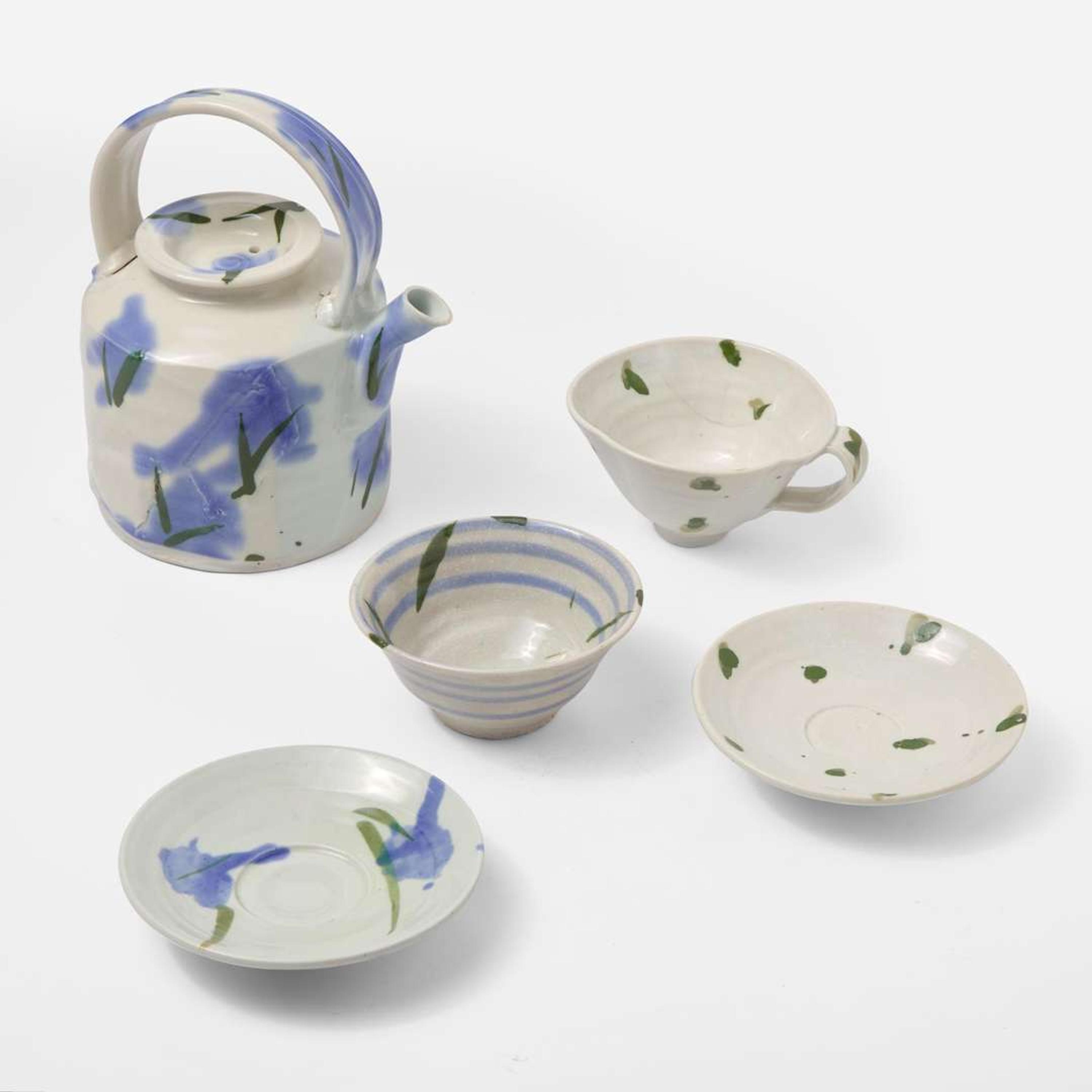 Betty Woodman (American, 1938-2018) Teapot and Two Cups and Saucers, USA, circa 1980