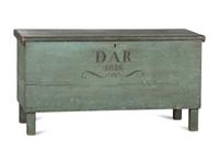 A Federal Blue Painted Poplar DAR 1836 Inscribed Blanket Chest