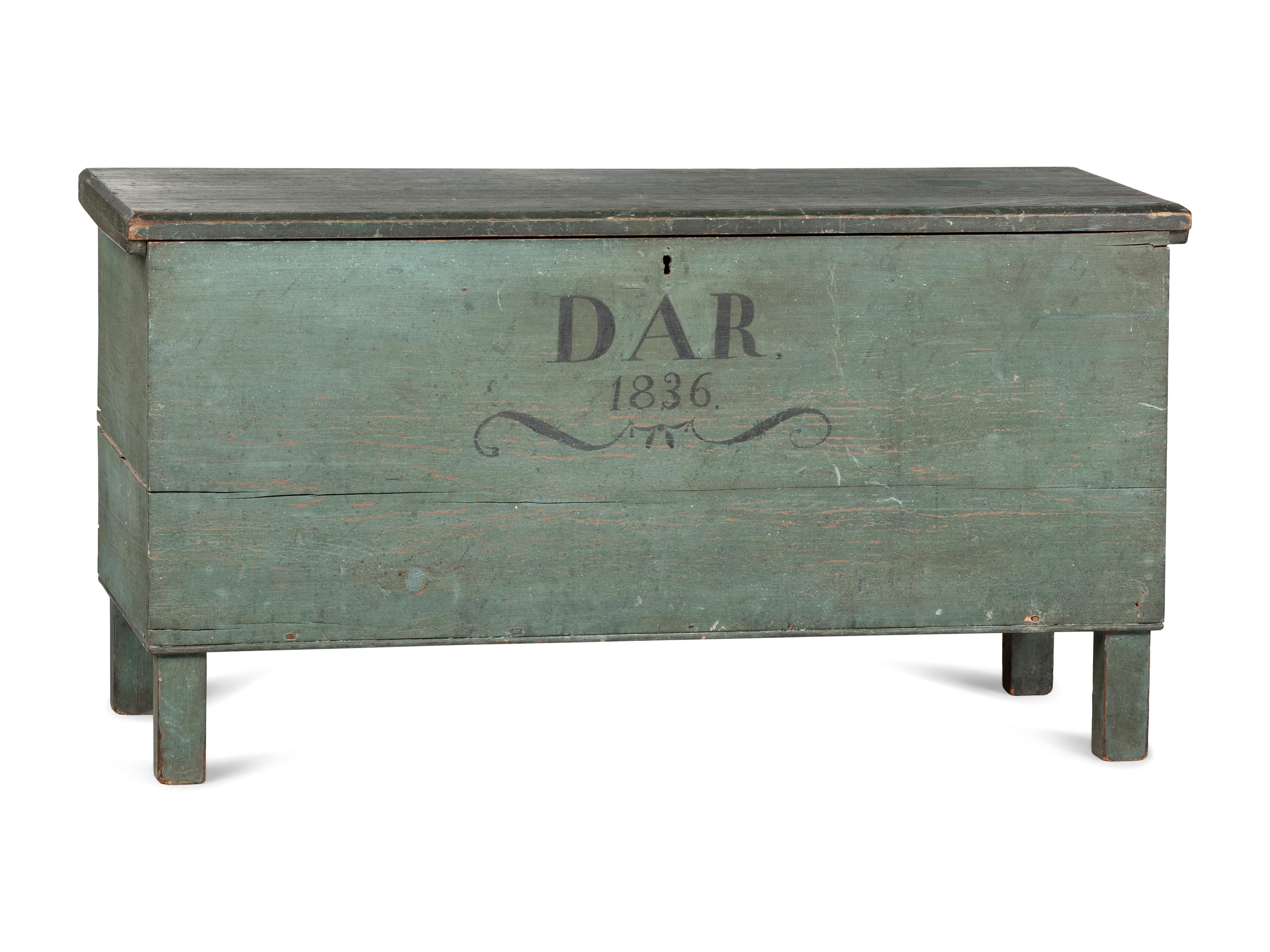 A Federal Blue Painted Poplar DAR 1836 Inscribed Blanket Chest