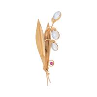 YELLOW GOLD, MOONSTONE AND RUBY BROOCH