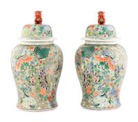 A Pair of Large Chinese Export Famille Rose Porcelain Covered Jars