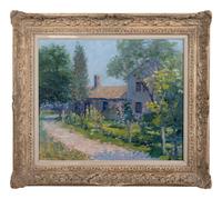 Cottage with Hollyhocks