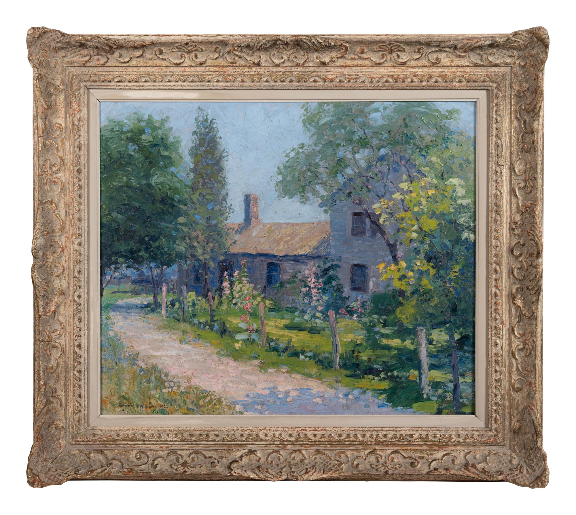 Cottage with Hollyhocks
