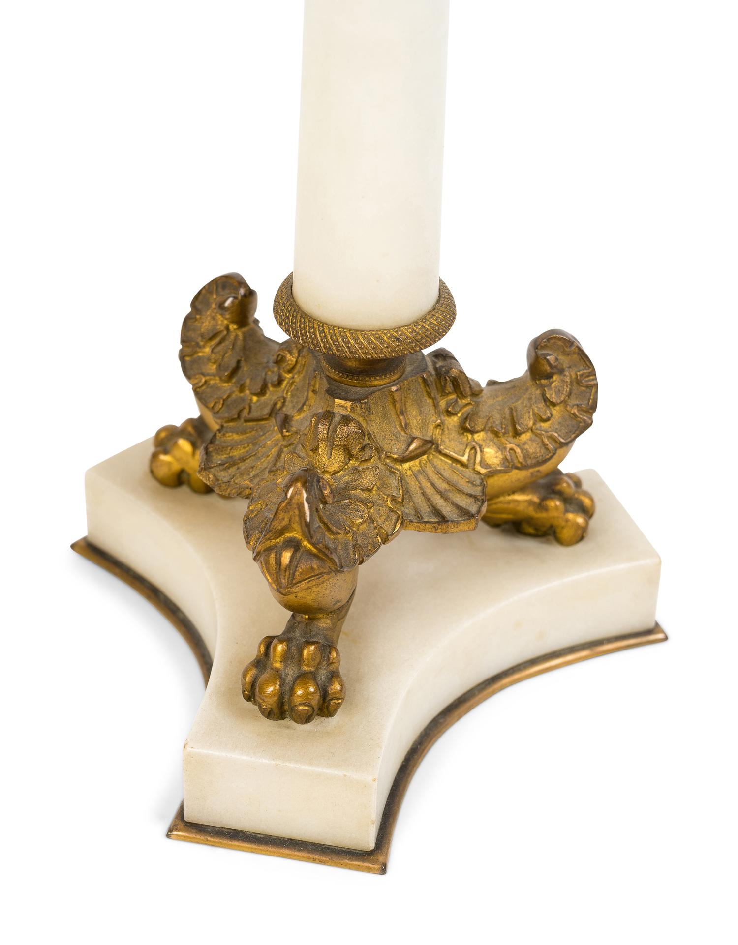 A Pair of Empire Style Gilt Bronze and Marble Four-Light Candelabra
