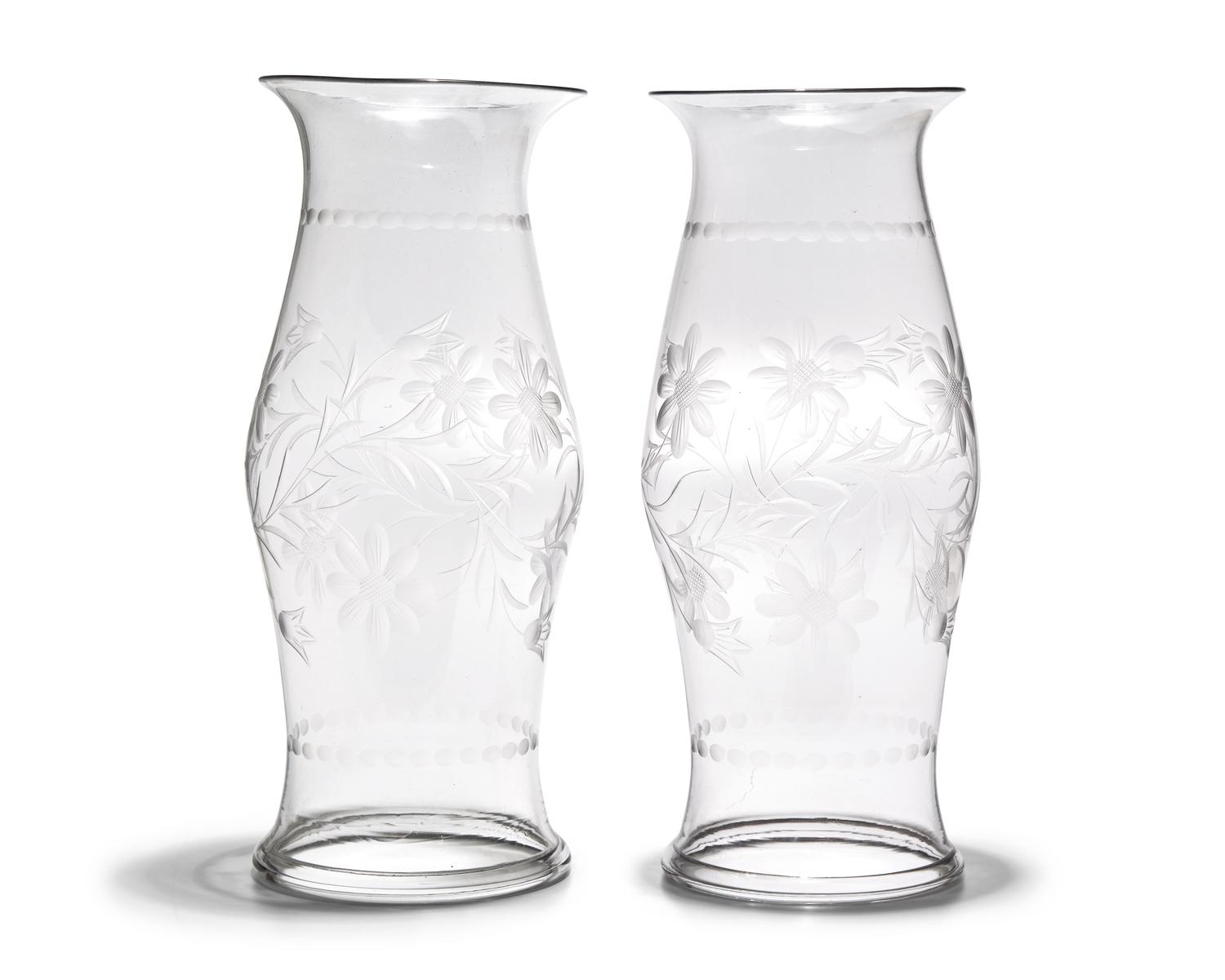 A Pair of Blown and Etched Glass Hurricanes