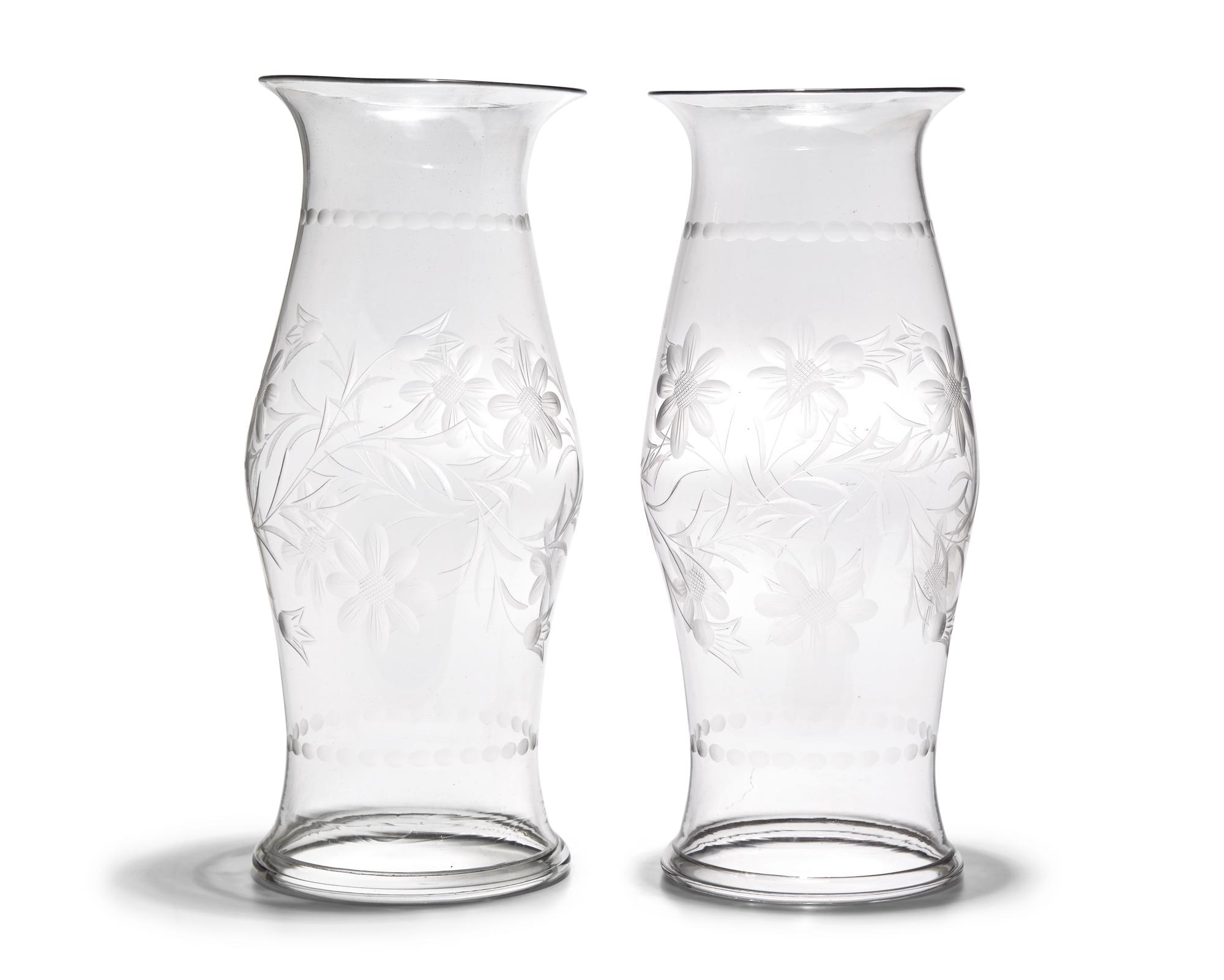 A Pair of Blown and Etched Glass Hurricanes