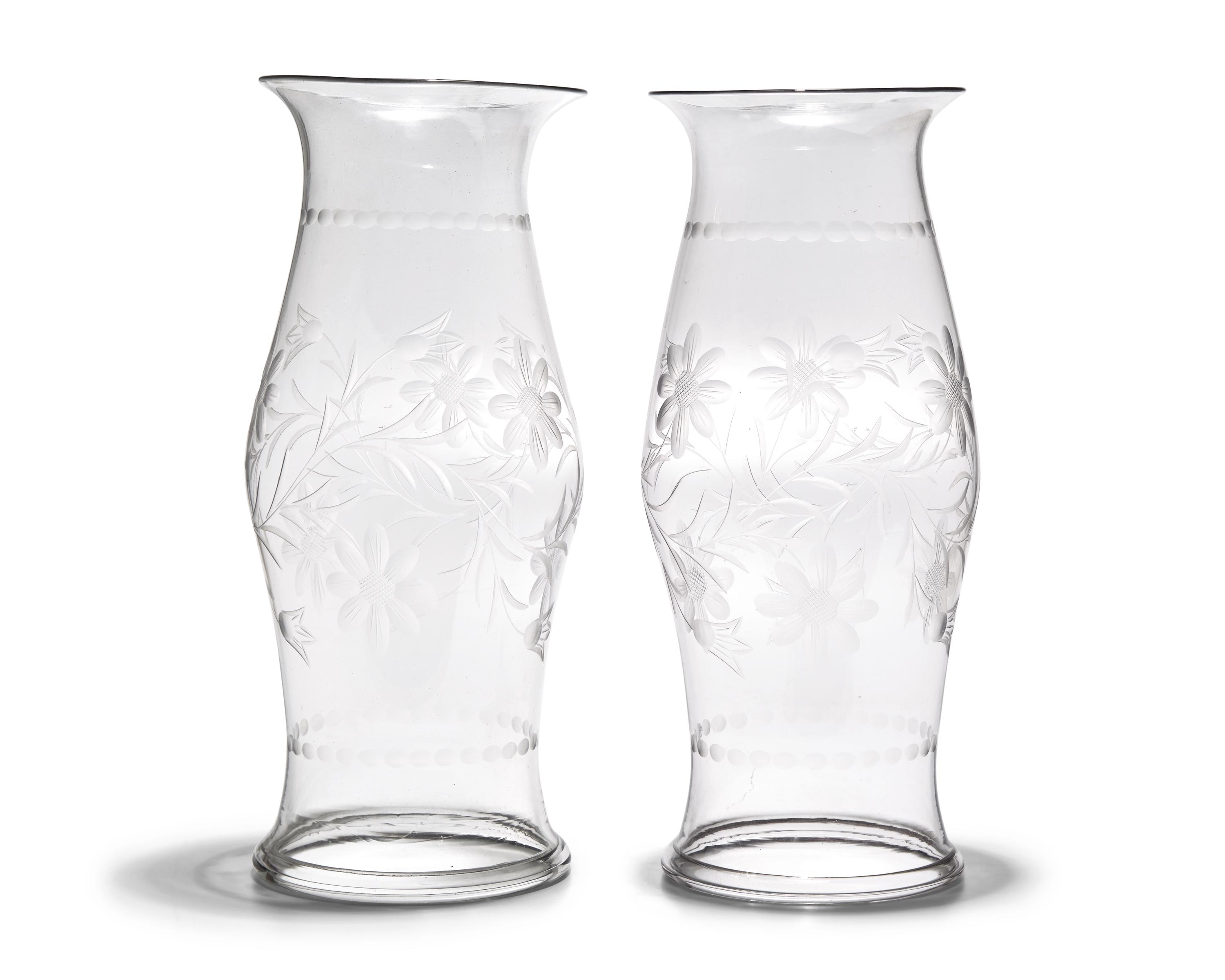 A Pair of Blown and Etched Glass Hurricanes