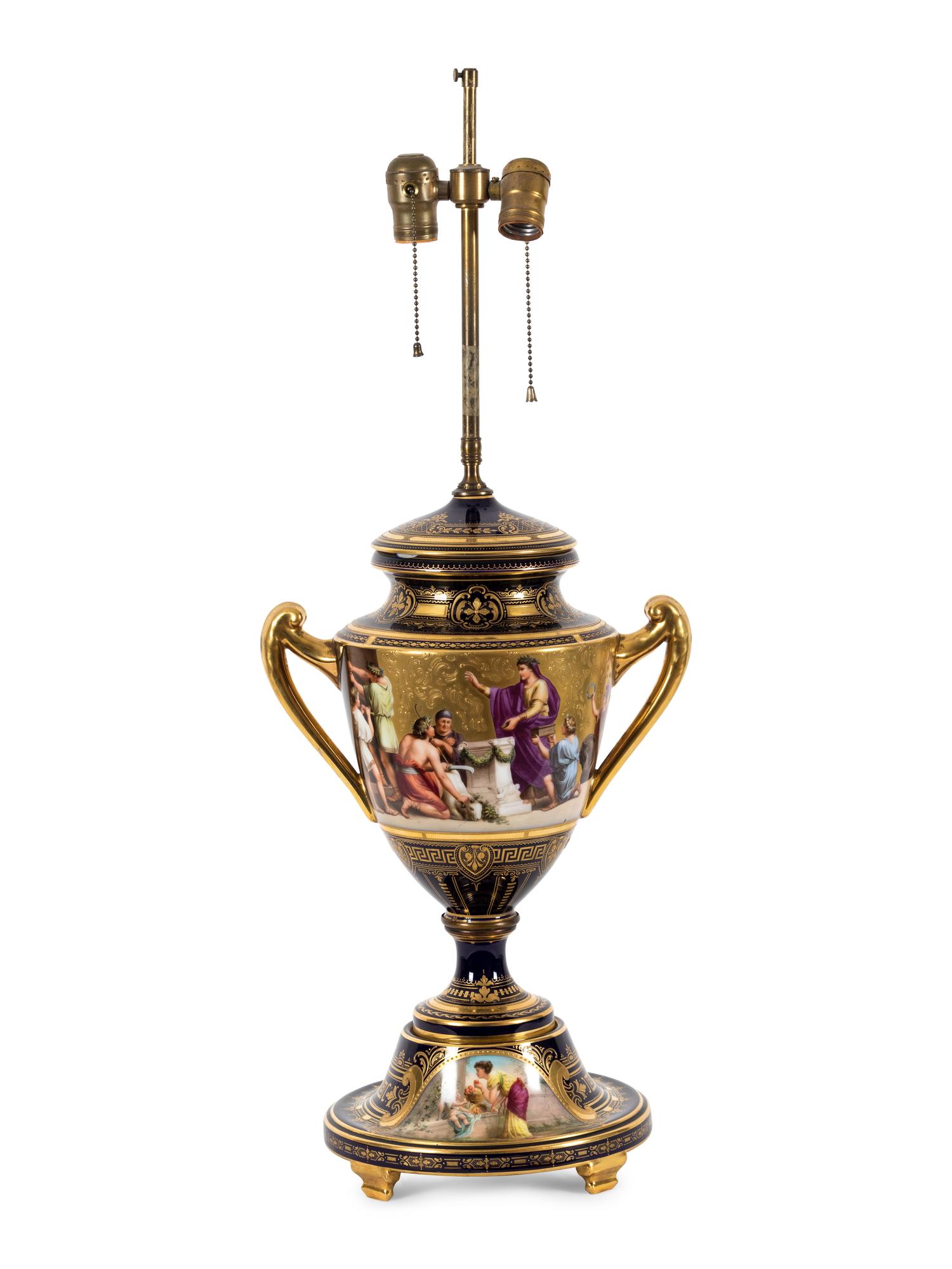 A Vienna Porcelain Urn, Cover and Stand Mounted as a Lamp