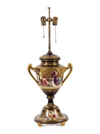 A Vienna Porcelain Urn, Cover and Stand Mounted as a Lamp
