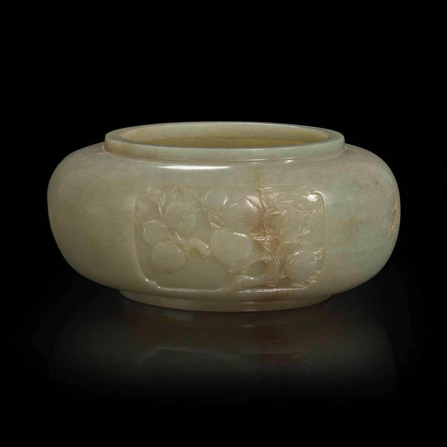 A Chinese carved celadon jade "Sanduo" alms bowl 青玉三多碗 18th to 19th century ???????