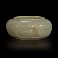 A Chinese carved celadon jade "Sanduo" alms bowl 青玉三多碗 18th to 19th century ???????