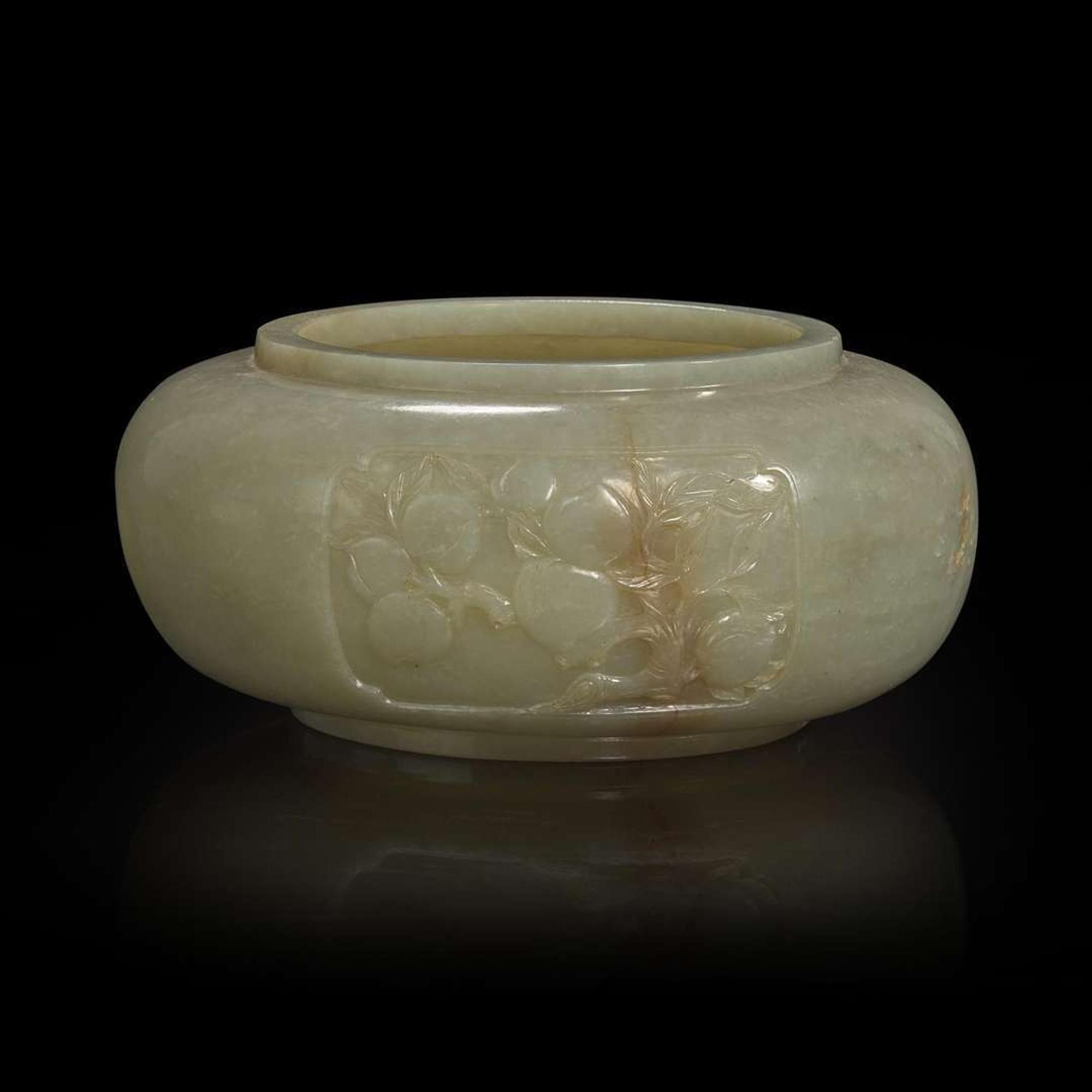 A Chinese carved celadon jade "Sanduo" alms bowl 青玉三多碗 18th to 19th century ???????