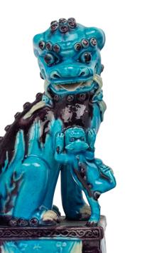 Two Pairs of Chinese Turquoise, Yellow and Purple Glazed Porcelain Figures of Fu Lions