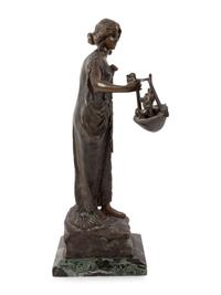 Bronze Figure of a Woman with a Flower Basket