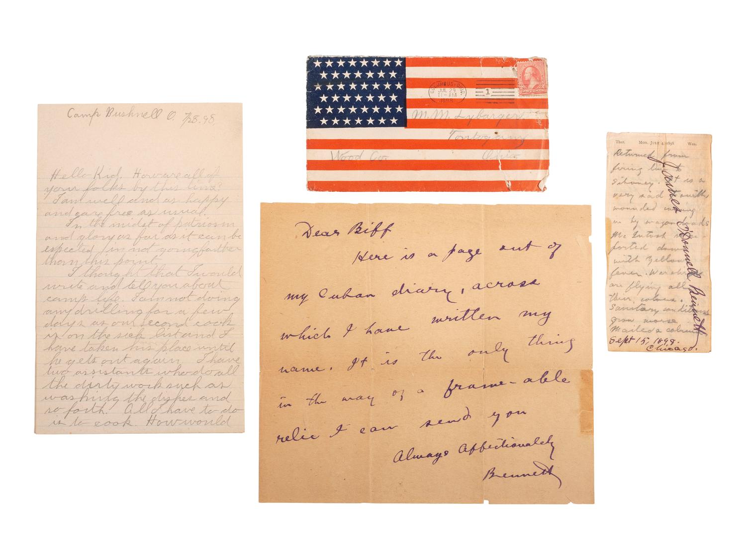 [SPANISH-AMERICAN WAR]. Diary pages describing Yellow Fever in Cuba. 4 & 5 July 1898. [ With :] Explicit letter describing camp life. Camp Bushnell, OH, 28 July 1898.