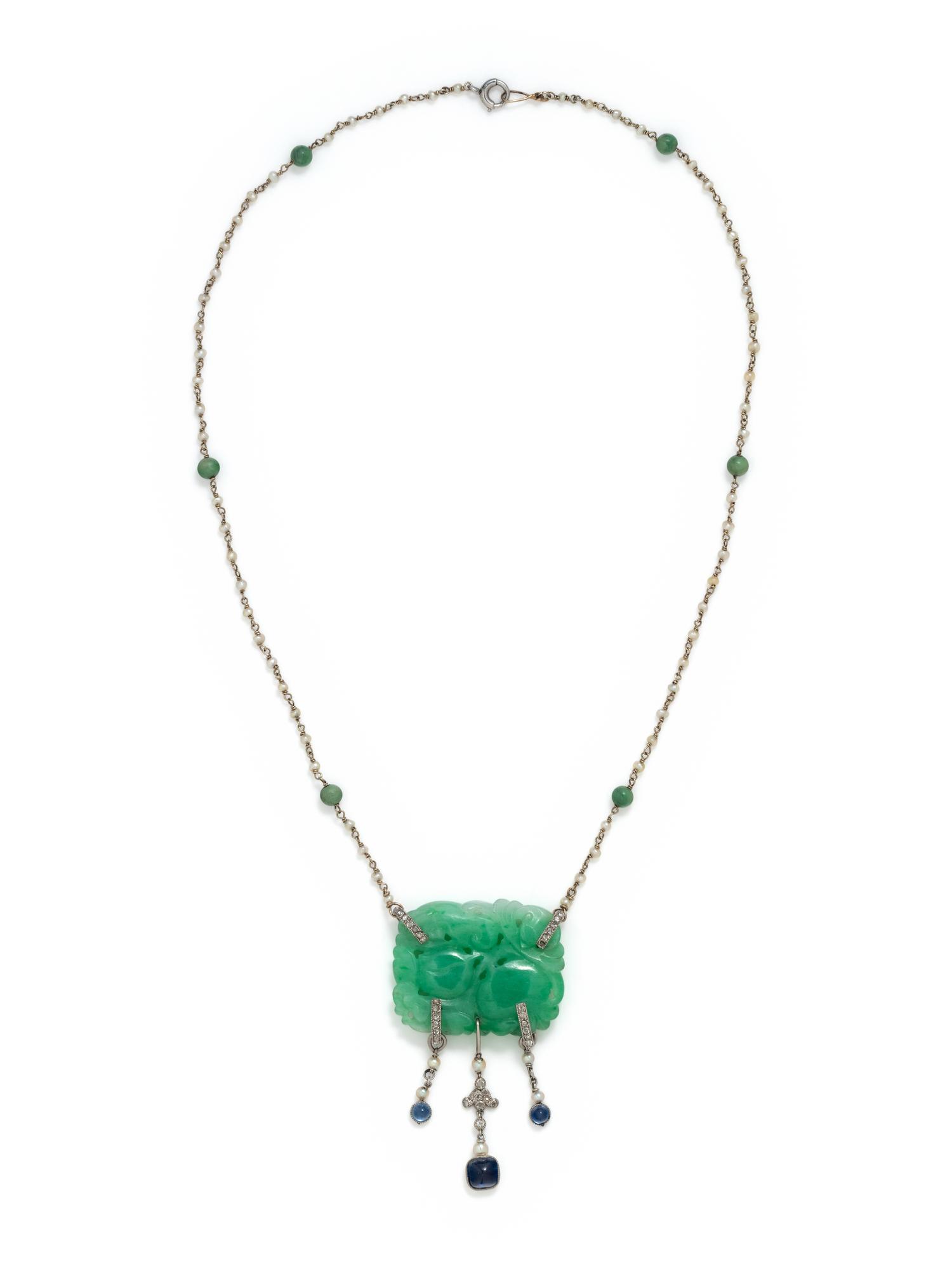 ANTIQUE, JADE, SAPPHIRE, DIAMOND AND SEED PEARL NECKLACE