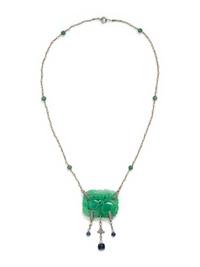 ANTIQUE, JADE, SAPPHIRE, DIAMOND AND SEED PEARL NECKLACE