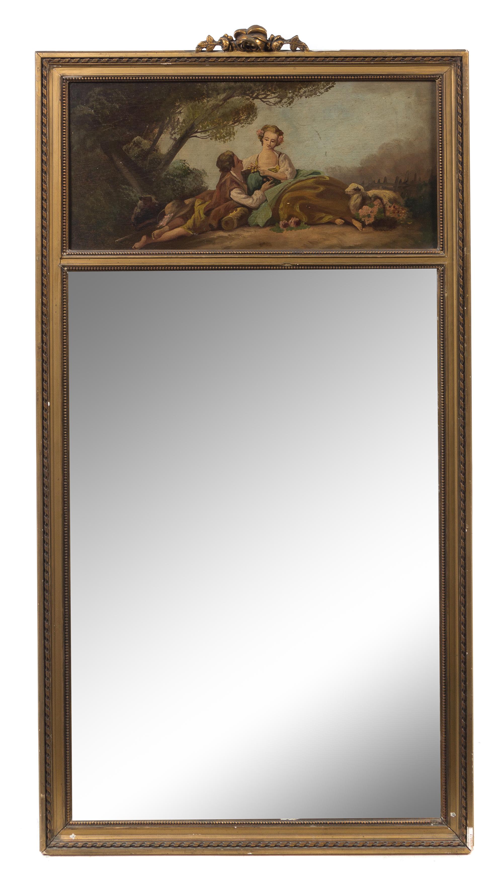 A French Painted and Parcel Gilt Trumeau Mirror Height 58 x width 29 inches. — 19TH CENTURY