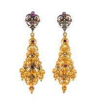 A Pair of Gold, Silver and Multi Gem Pendant Earrings, 6.90 dwts.