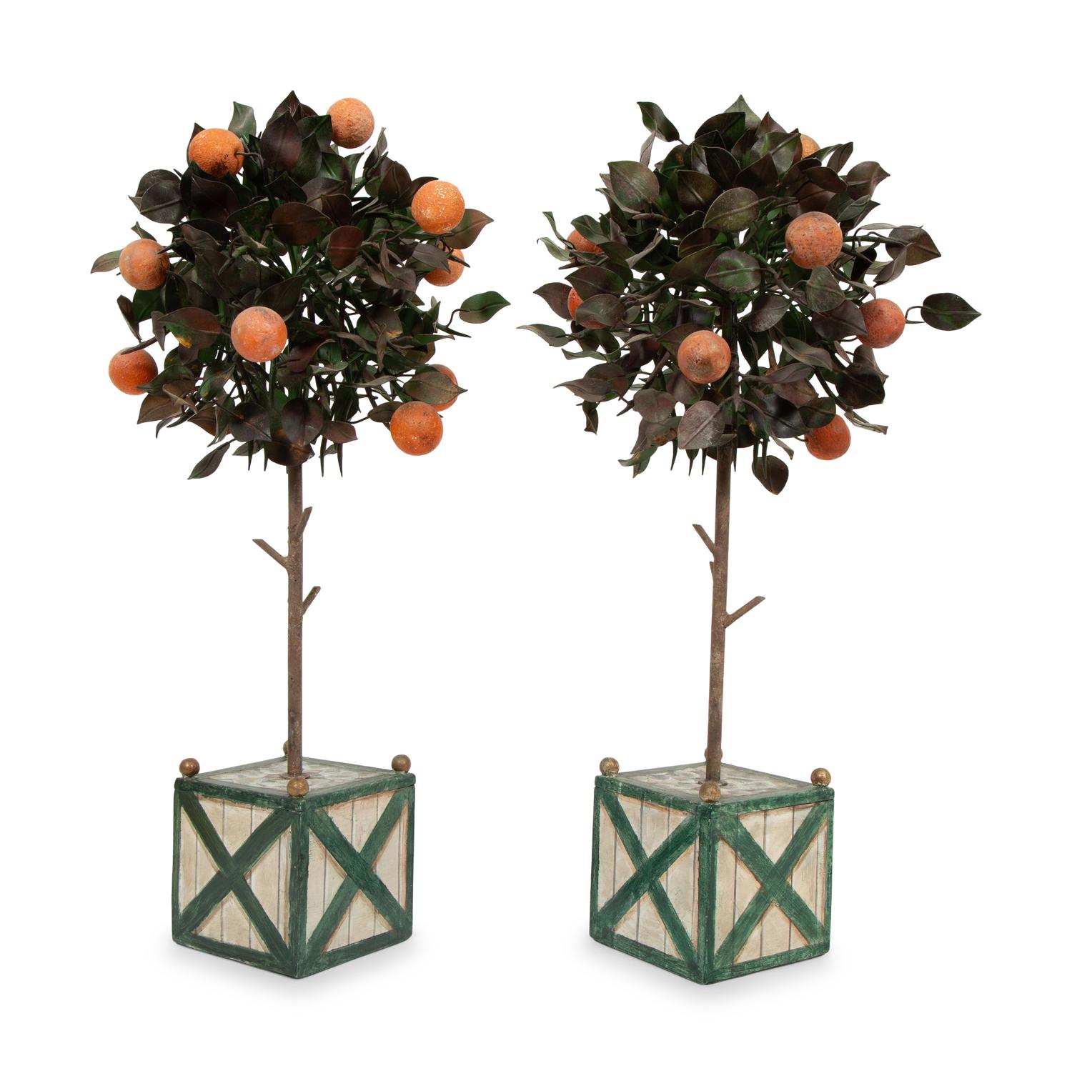 A Pair of Tole Peinte Orange Tree Topiaries