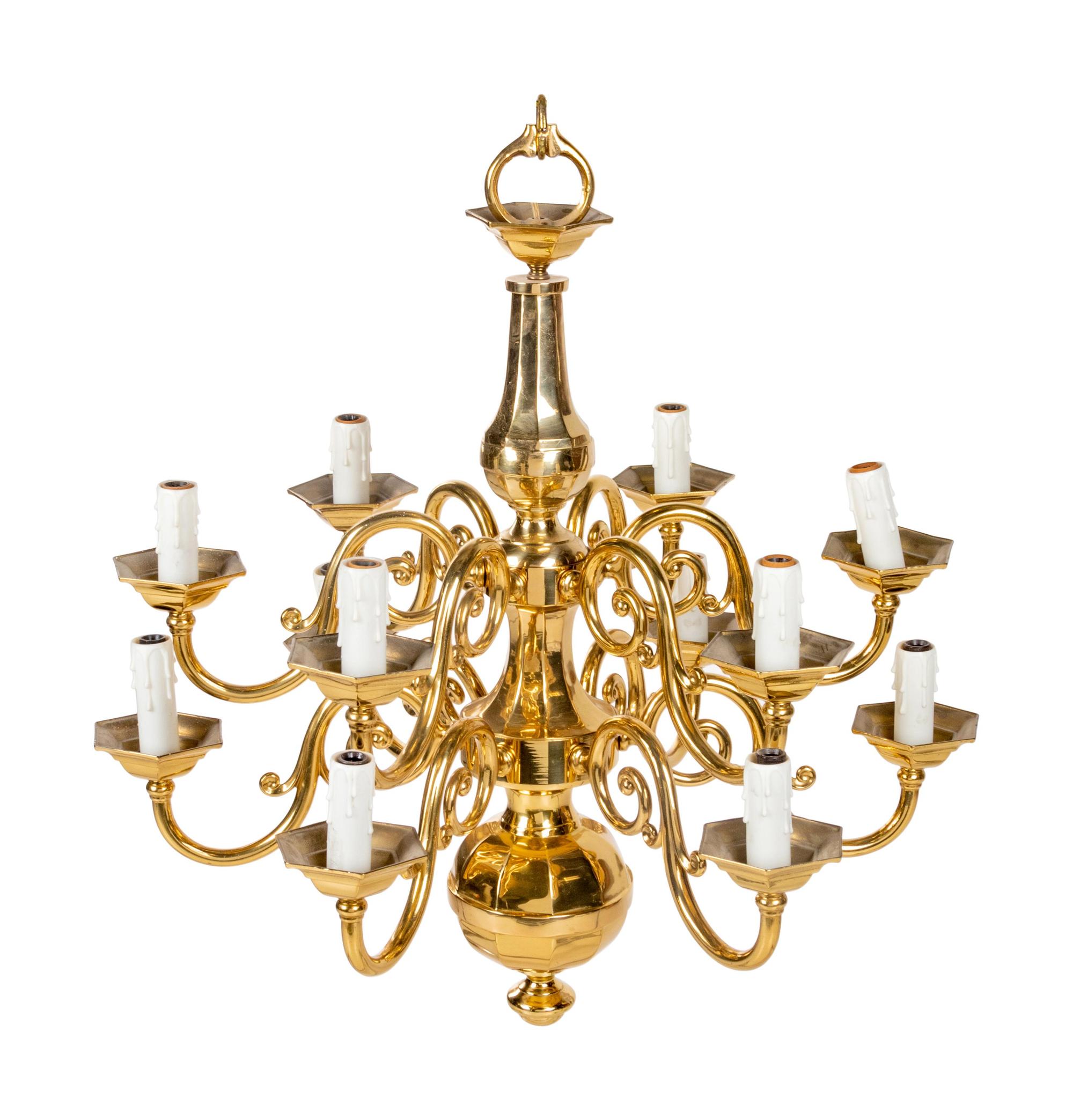 A Dutch Baroque Style Brass Twelve-Light Chandelier