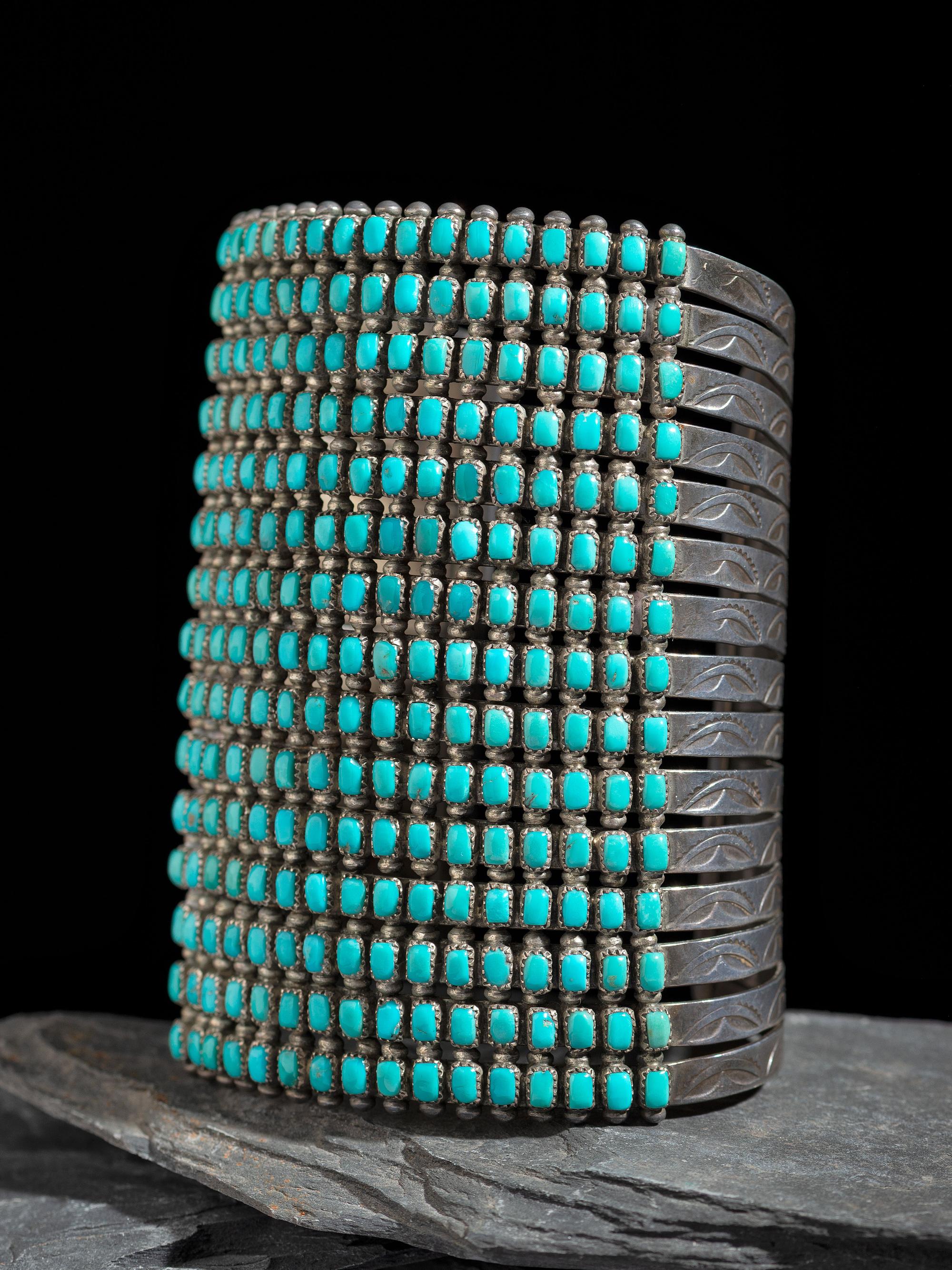 Zuni or Navajo Extra Wide Silver and Turquoise Cluster Cuff Bracelet