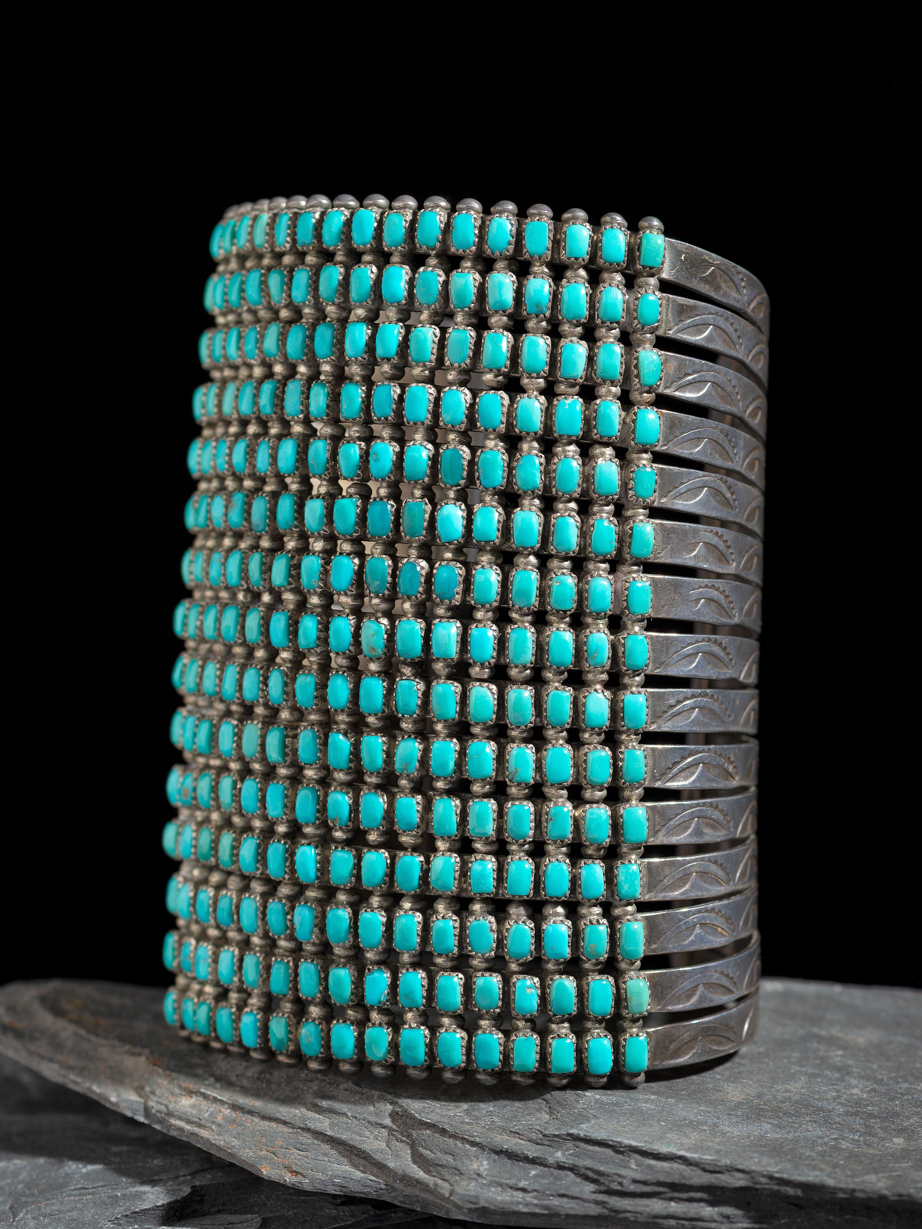Zuni or Navajo Extra Wide Silver and Turquoise Cluster Cuff Bracelet