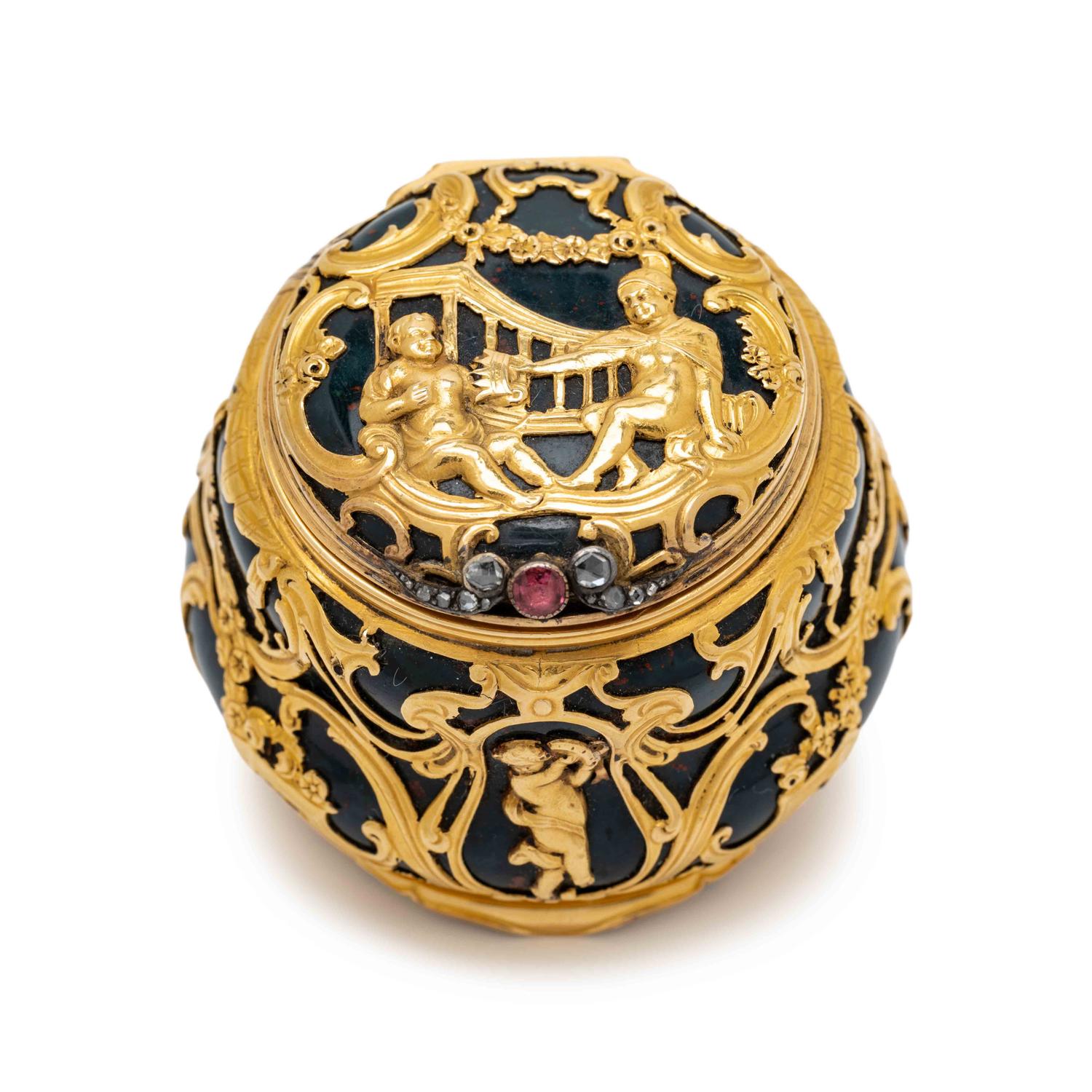 A George III Gold and Jewel Mounted Carved Bloodstone Clock-Inset Snuff Box