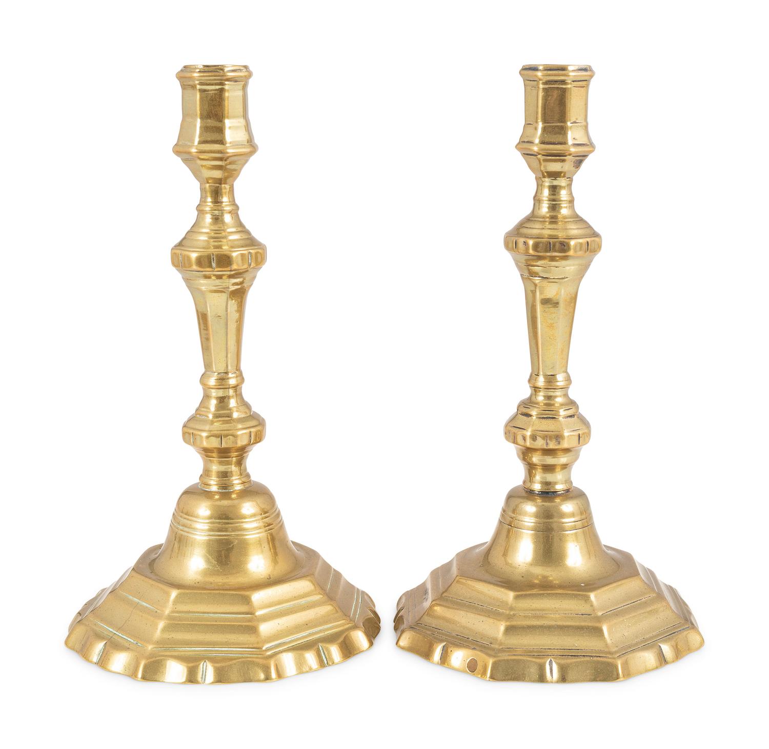 A Matched Pair of French Cast Brass Octagonal Candlesticks