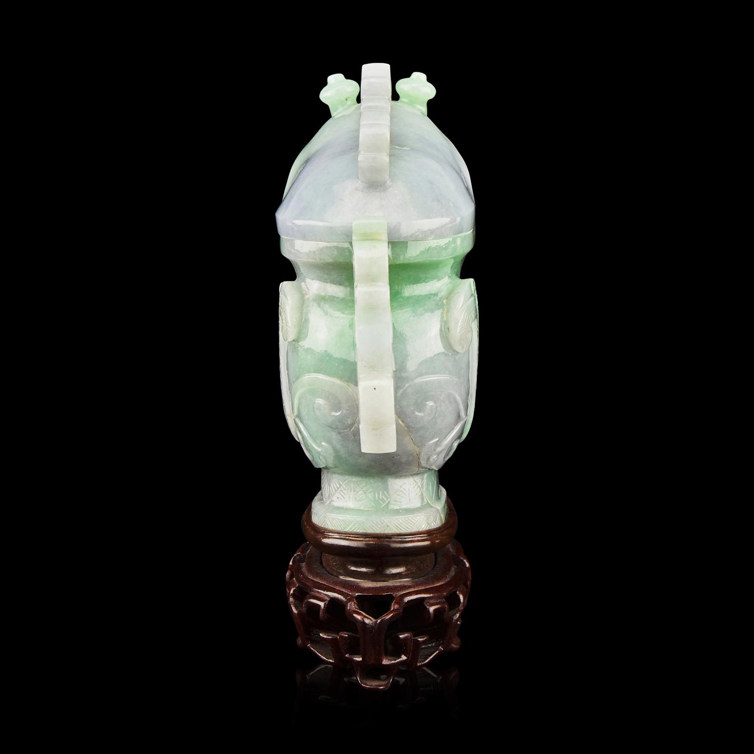 A Chinese Apple Green and Lavender Jadeite 'Phoenix' Covered Gong Vessel, Late 19th-20th Century 晚清-民國 翡翠鳳紋觥