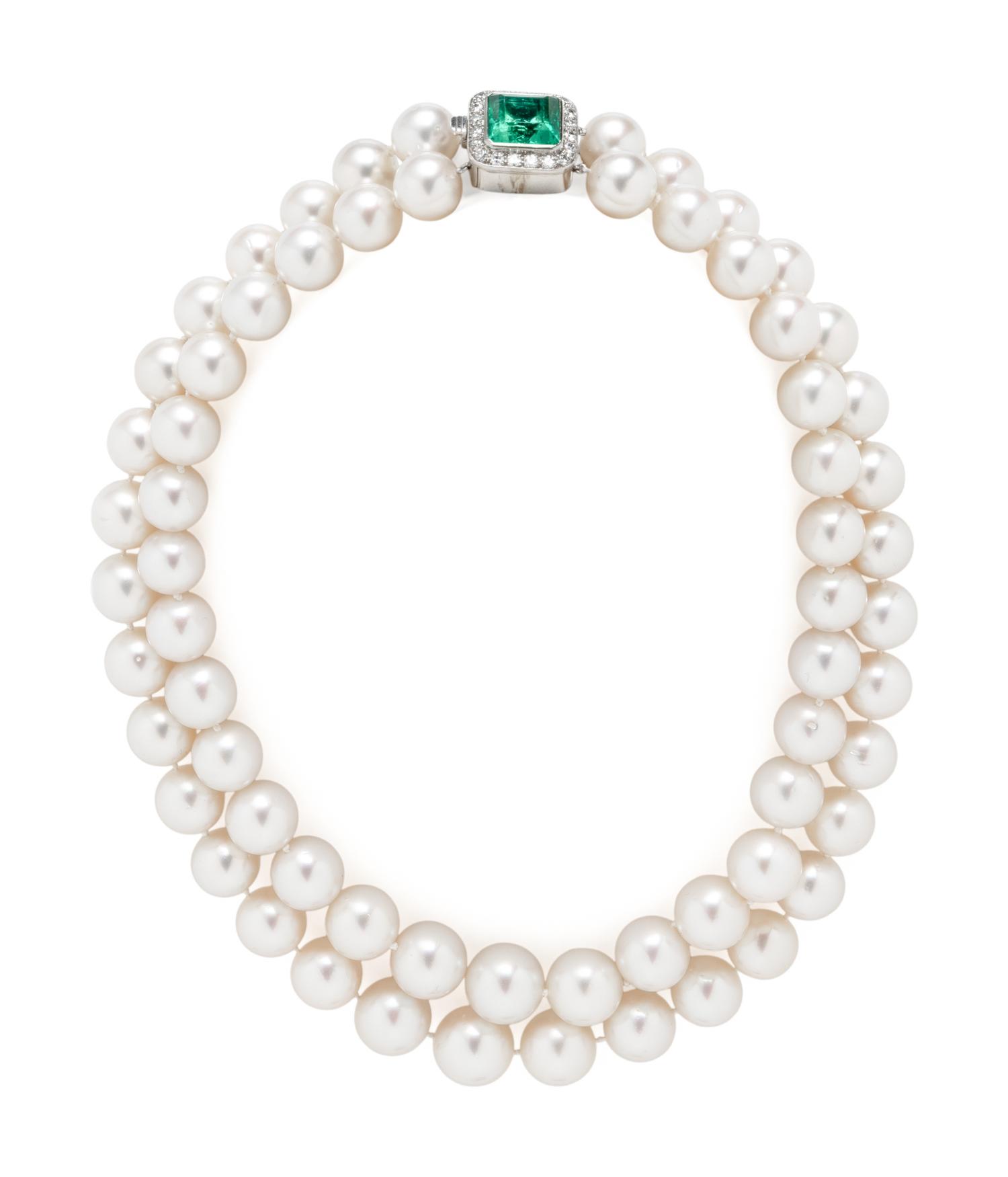 CULTURED PEARL DOUBLE STRAND NECKLACE WITH EMERALD AND DIAMOND CLASP