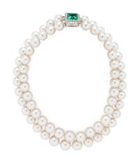 CULTURED PEARL DOUBLE STRAND NECKLACE WITH EMERALD AND DIAMOND CLASP