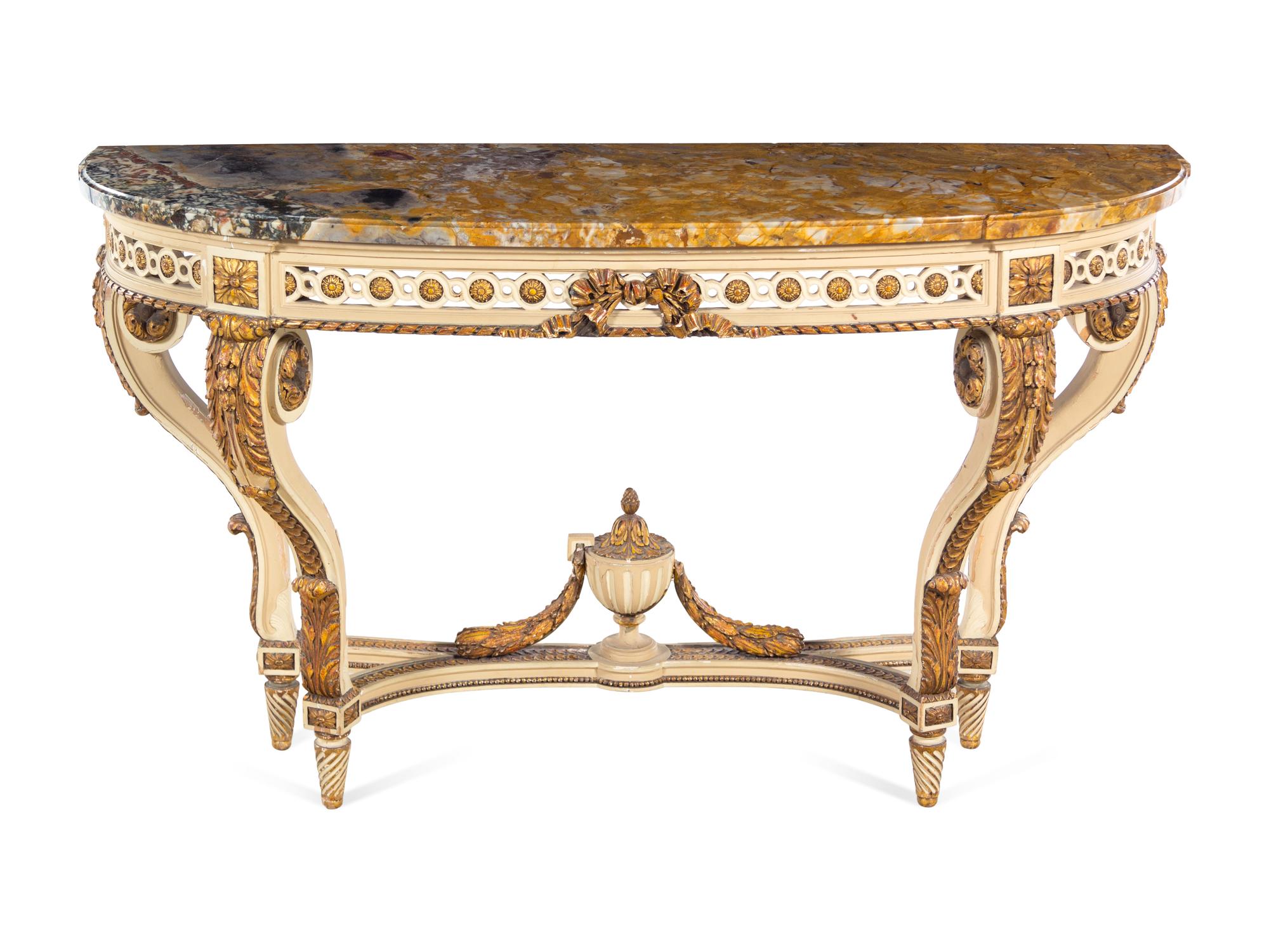 A Louis XVI Style Painted and Parcel Gilt Marble-Top Console Table