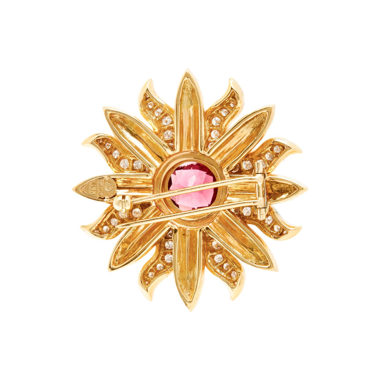 BIELKA, YELLOW GOLD, TOURMALINE AND DIAMOND FLOWER BROOCH