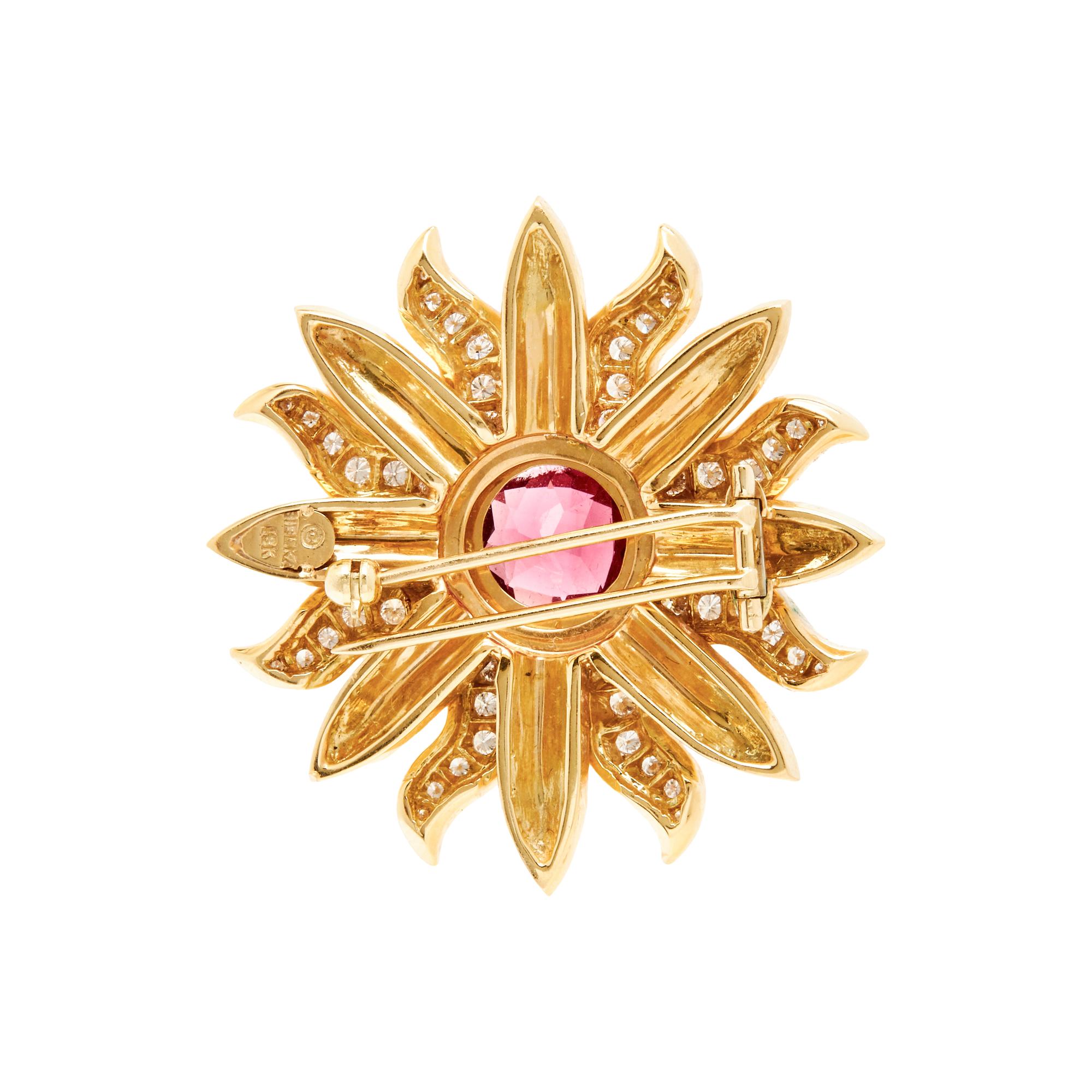 BIELKA, YELLOW GOLD, TOURMALINE AND DIAMOND FLOWER BROOCH