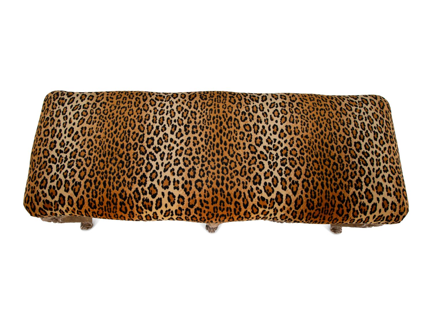 A Louis XV Style Giltwood Bench with Faux Leopard Upholstery