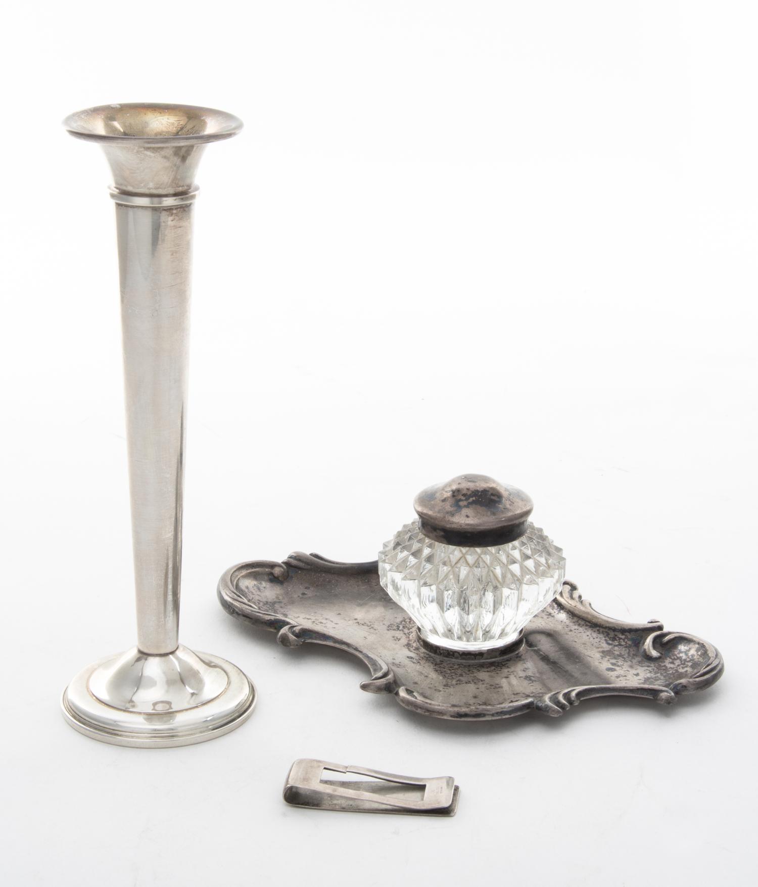 Three Silver Table Articles, Various Makers, comprising a weighted International Sterling trumpet-form vase, a Ballou silver money clip