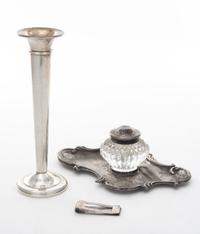 Three Silver Table Articles, Various Makers, comprising a weighted International Sterling trumpet-form vase, a Ballou silver money clip