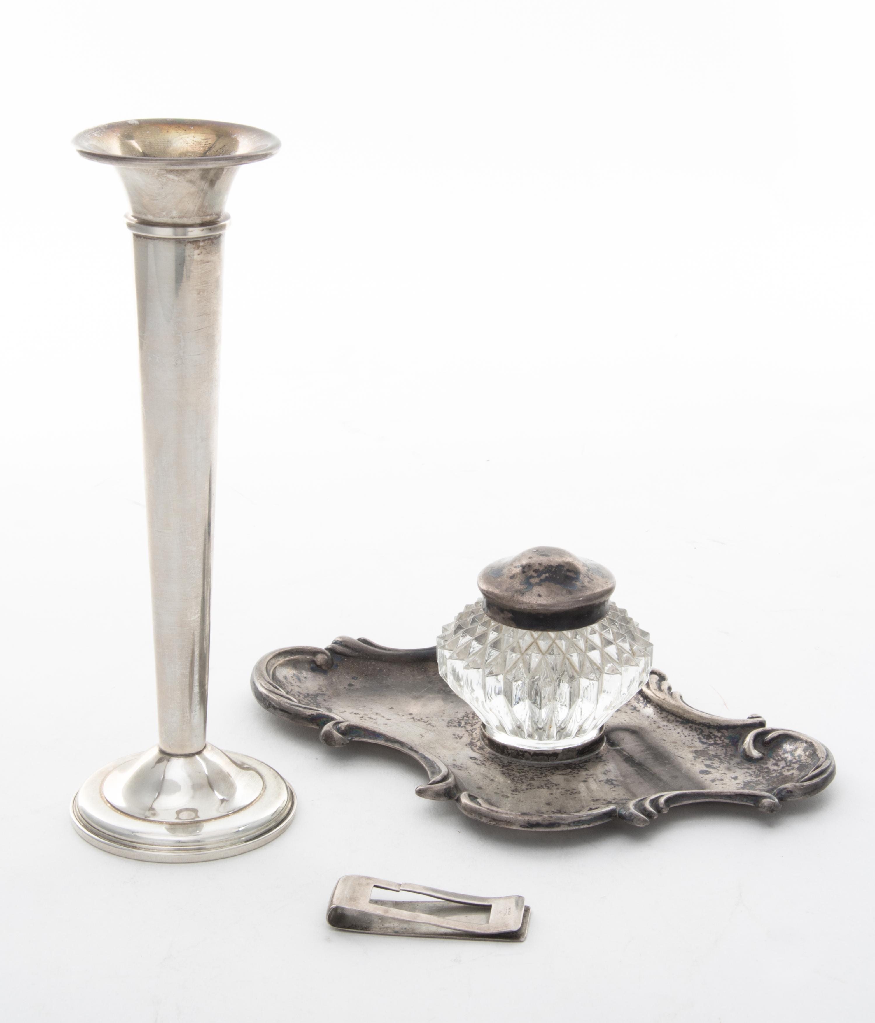 Three Silver Table Articles, Various Makers, comprising a weighted International Sterling trumpet-form vase, a Ballou silver money clip