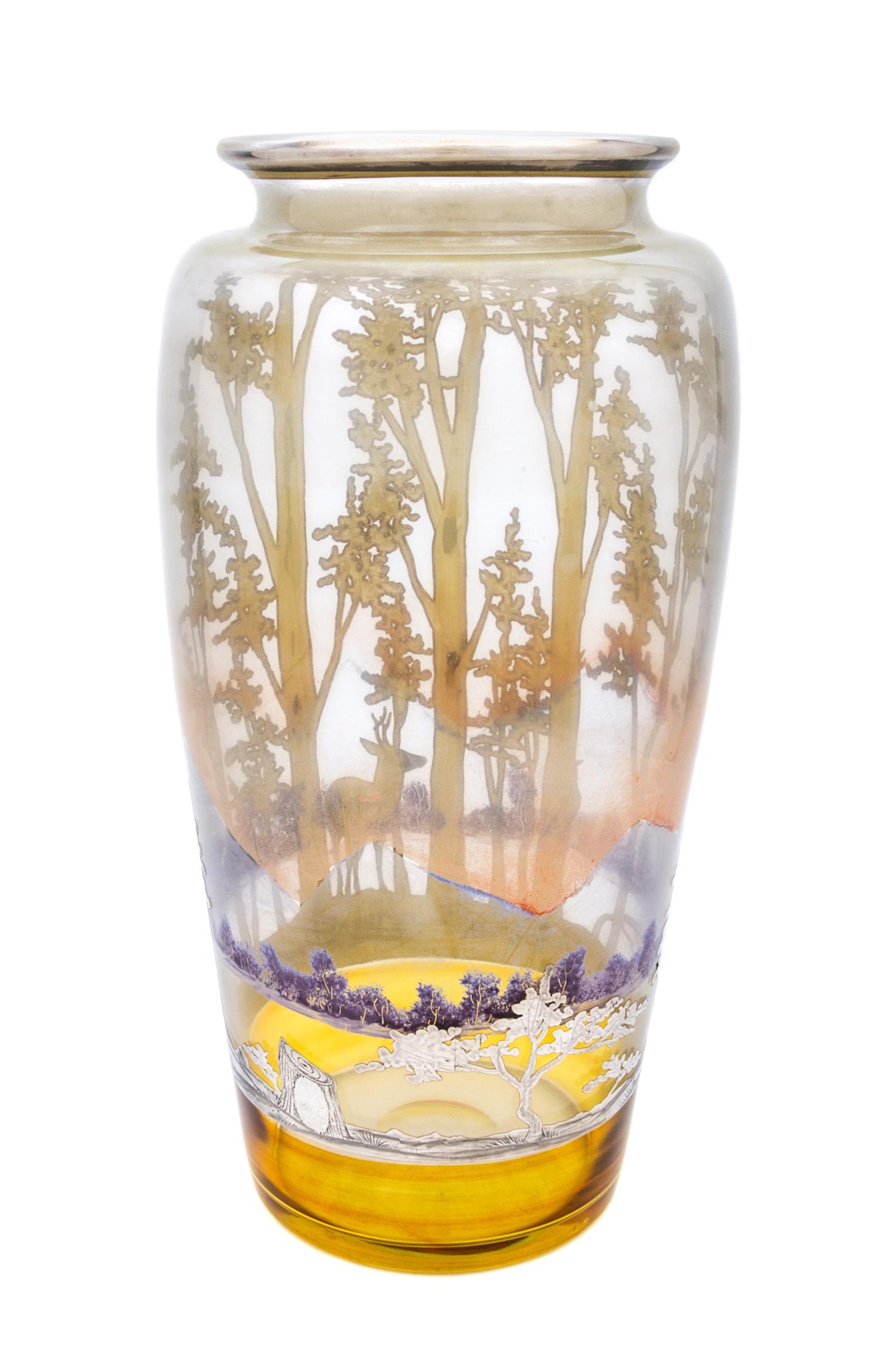 A Large Rockwell Silver Overlay Glass Landscape Vase Height 14 1/8 inches.